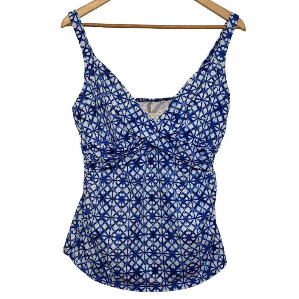 Lands End Blue White Tile Print Size 14 Adjustable Strap Tankini Top